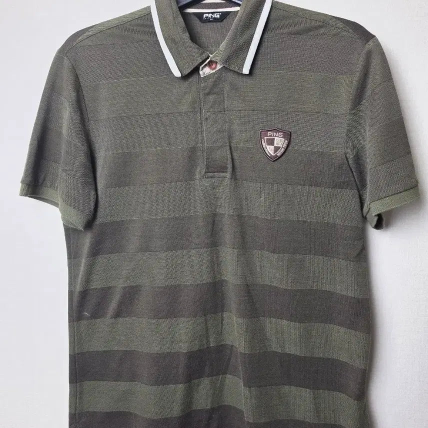[BUNJANG] PING Men's Golf Wear Khaki Stripe Short Sleeve Polo Shirt / (100) 핑 남성 골프웨어 카키색 스트라이프 반팔 카라티