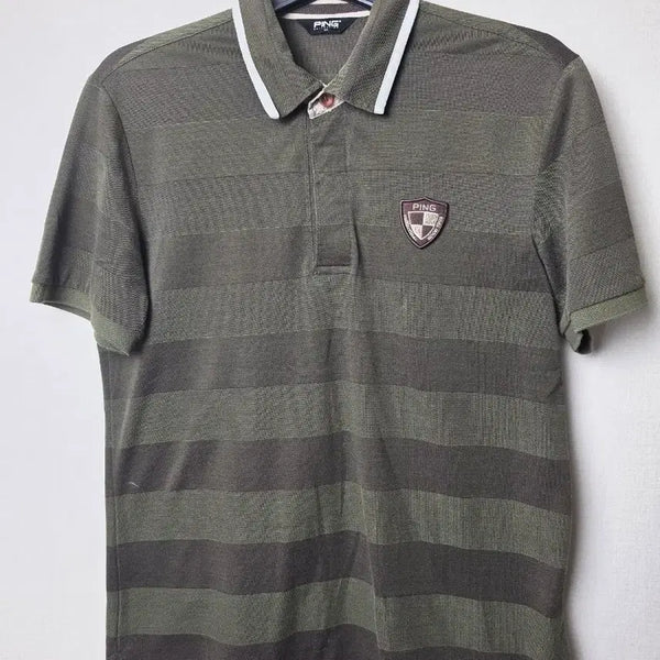 [BUNJANG] PING Men's Golf Wear Khaki Stripe Short Sleeve Polo Shirt / (100) 핑 남성 골프웨어 카키색 스트라이프 반팔 카라티