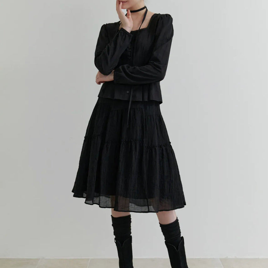 [BUNJANG] Riel Churros Shirring Skirt Black / 리엘 츄러스 셔링 스커트 블랙
