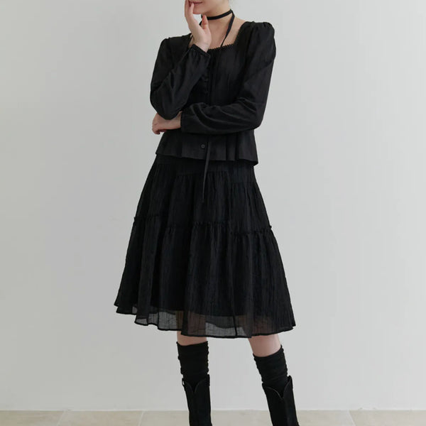 [BUNJANG] Riel Churros Shirring Skirt Black / 리엘 츄러스 셔링 스커트 블랙