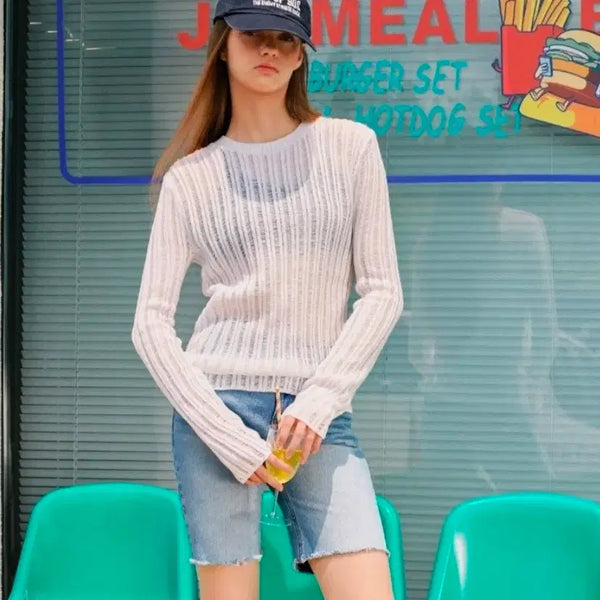 [BUNJANG] Musinsa Standard Women's Flat Yarn Vertical Crochet Round Neck Summer Knit Ivory / 무신사스탠다드우먼즈 플랫 얀 버티컬 크로셰 라운드크루넥여름니트 아이보리