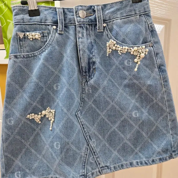 [BUNJANG] Guess Pearl Denim Mini Skirt / 게스 진주 데님 미니 스커트