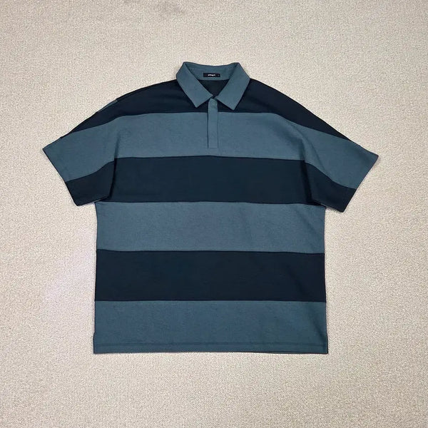[BUNJANG] Allegri Wide Block Stripe Hidden Placket Polo Shirt / [알레그리] 와이드 블럭 스트라이프 히든 플래킷 카라티 | S00124