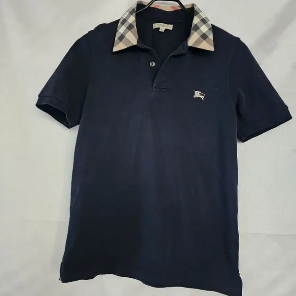 [BUNJANG] Burberry Navy Short Sleeve Polo Shirt with Check Collar / 버버리 진네이비 카라체크 반팔 폴로티셔츠