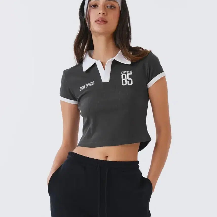 [BUNJANG] HDEX Women's Sporty Pique Crop Short Sleeve Charcoal L / HDEX 우먼스 스포티 오픈 피케 크롭 숏 슬리브 차콜 L