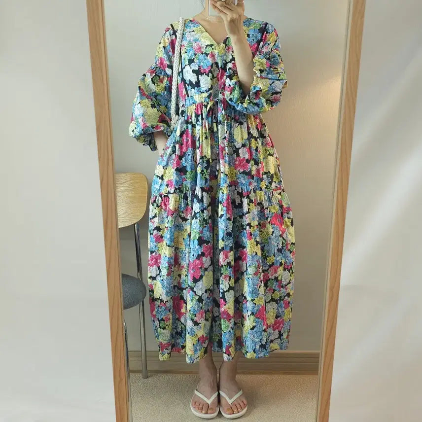 [BUNJANG] Riri Closet Women's Flower Pattern Balloon Sleeve Long Dress / (F)리리옷장 여성 반팔 벌룬소매 롱 원피스 플라워 K6W3236