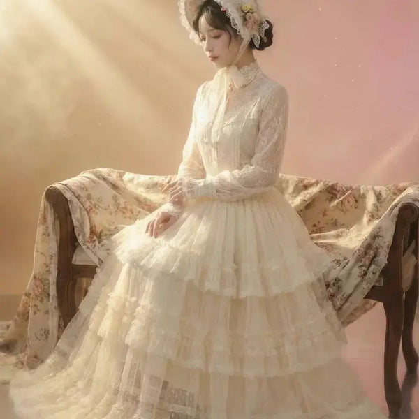 [BUNJANG] Lolita Lace Tiered Long Skirt / 로리타 레이스 캉캉롱스커트
