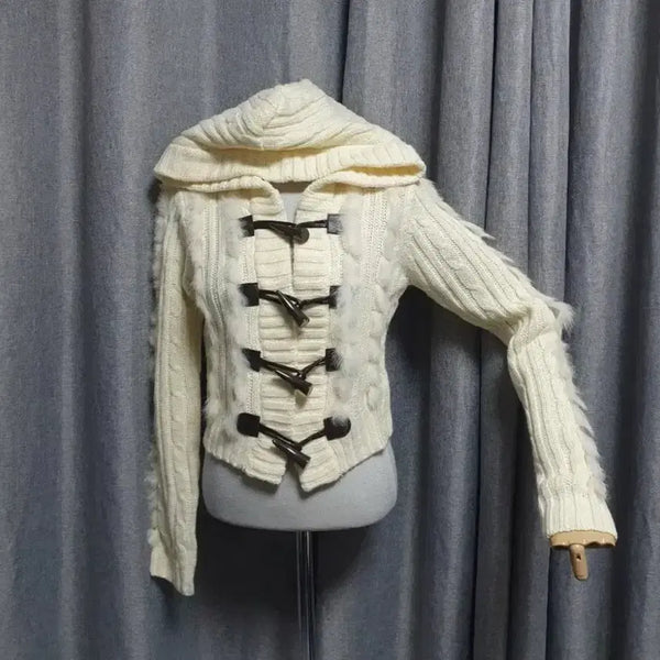 [BUNJANG] Toggle Hooded Faux Fur Tteokbokki Knit Cardigan / 토글 후드 퍼 떡볶이 니트 가디건 갸루 모리걸