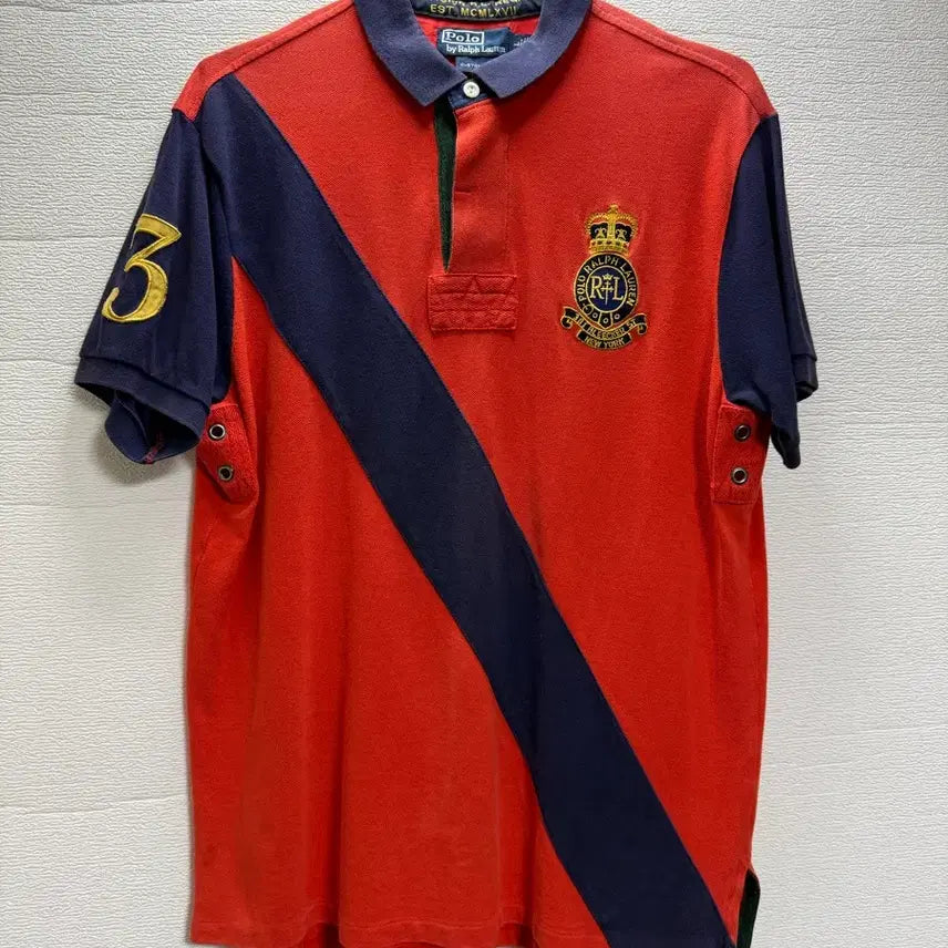 [BUNJANG] Polo Ralph Lauren Orange/Navy Rugby Polo Shirt / 폴로 랄프로렌 주황/네이비 럭비 폴로셔츠.