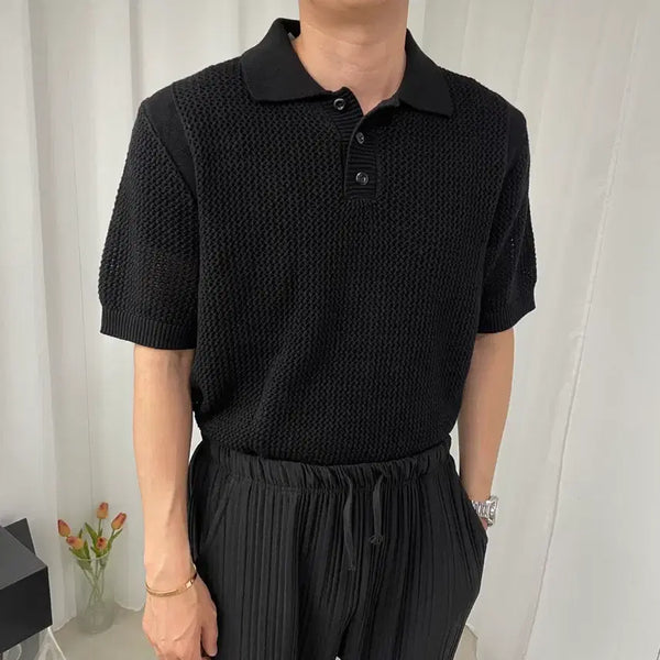 [BUNJANG] Men's Black Collar Knit Short Sleeve Sweater / 남자 블랙 홀 카라니트 반팔 프리