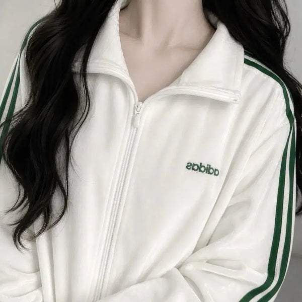 [BUNJANG] Adidas White and Green Velvet Velour Track Top / 아디다스 흰초 벨벳 벨루어 져지 집업 트랙탑