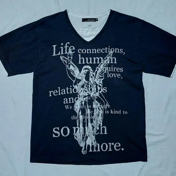 [BUNJANG] ZAPATEAR Glitter Angel Graphic Layered V-Neck T-Shirt (M) / ZAPATEAR 글리터 엔젤 그래픽 레이어드 브이넥 티셔츠 (M)