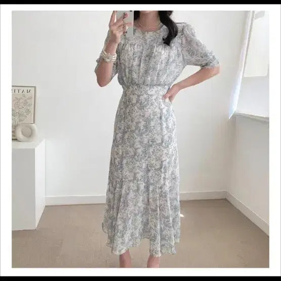 [BUNJANG] Flower Pattern Mermaid Long Short-Sleeve Dress / 플라워 패턴 머메이드 롱 반팔 원피스