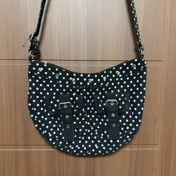 [BUNJANG] Mori Girl Hagumi Japanese Vintage Black Polka Dot Crossbody Bag / 모리걸 하구미 일본 빈티지 블랙 도트 땡땡이 크로스백
