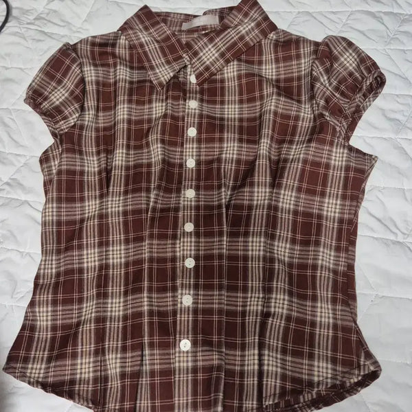[BUNJANG] Red Check Puff Blouse / 레드 체크 퍼프 블라우스