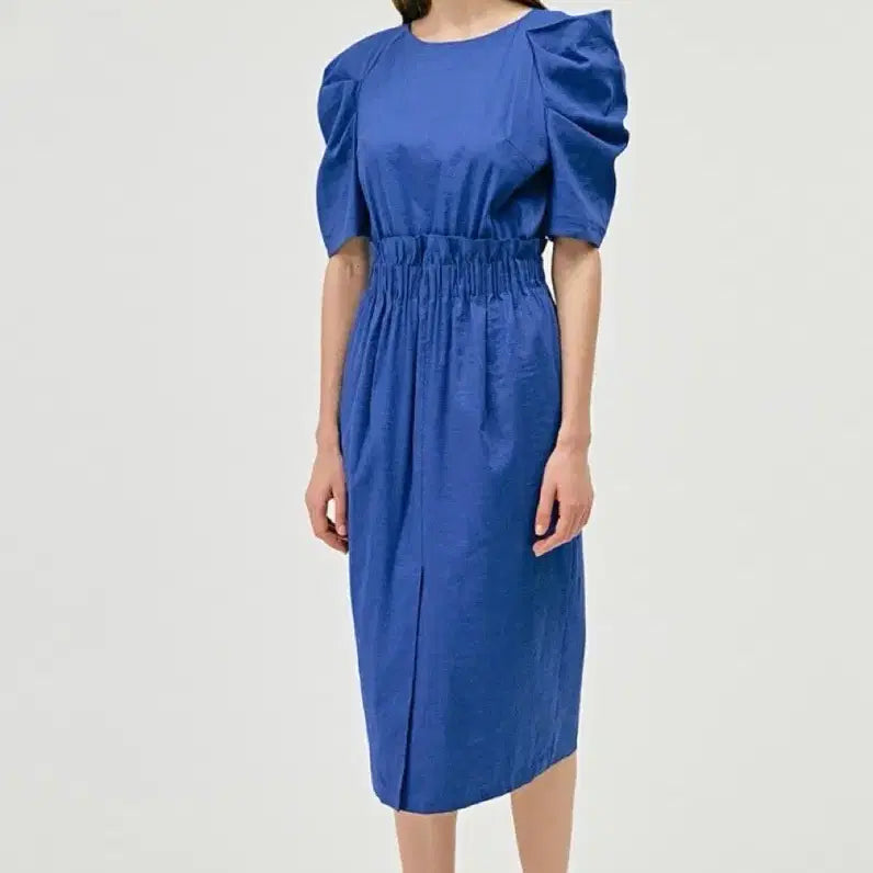 [BUNJANG] TIME Linen Blend Puff Sleeve Long Dress / 한섬 타임 TIME 린넨스판 퍼프 롱원피스 블루반팔5부셔링여름돌잔치하객룩