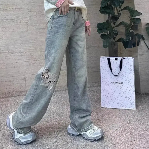 [BUNJANG] Wide Fit Denim Jeans with Lace Patch Detail / 청바지