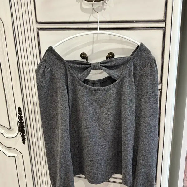 [BUNJANG] Lovely Gray Long-Sleeve Top with Back Ribbon / 데일리 갸루 브라이스돌 하치깔 러블리 백리본 그레이 롱슬리브