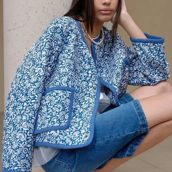 [BUNJANG] Ozsecon Flower Jacquard Crop Jacket Indigo Navy / 한섬 오즈세컨[새옷] 플라워 자카드 크롭 재킷