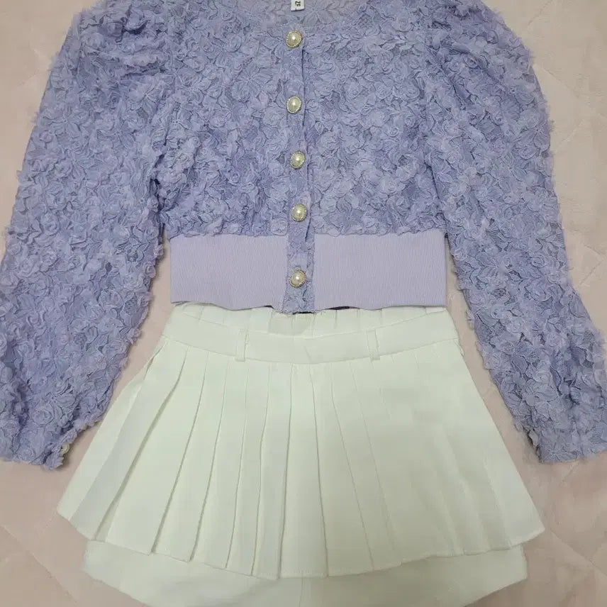 [BUNJANG] Purple Lace Puff Sleeve Cardigan / 보라 레이스 퍼프 가디건