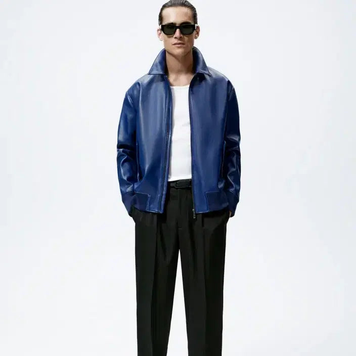 [BUNJANG] Zara Leather Bomber Jacket Blue L / 자라 레더 봄버 자켓 L