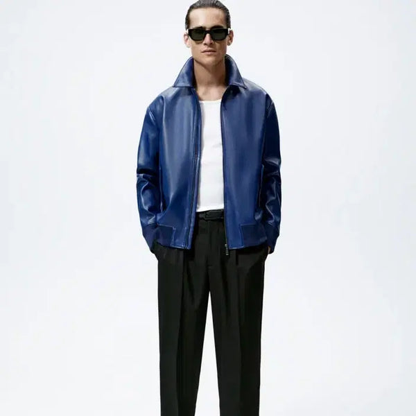 [BUNJANG] Zara Leather Bomber Jacket Blue L / 자라 레더 봄버 자켓 L
