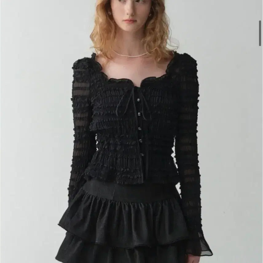 [BUNJANG] Plowm Ruffle Cardigan S Black / 플로움 러플 가디건 S 새상품(Breeze Ruffle Cardigan