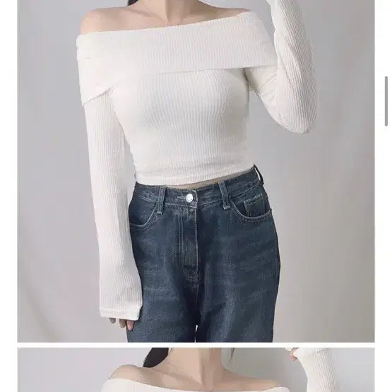 [BUNJANG] Off-Shoulder Ribbed Long-Sleeve Cropped T-Shirt / 오프숄더 골지 긴팔 티셔츠 화이트