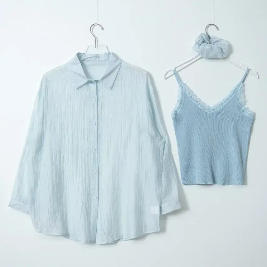 [BUNJANG] 3 Piece Set: Shirt, Camisole, and Scrunchie / [소라/연핑/화이트/올리브] 셔츠 + 나시 + 스크런치 세트 3ps