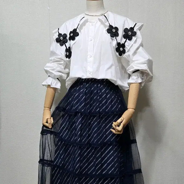 [BUNJANG] Flower Collar White Blouse + Tulle Skirt Set / 플라워 카라 화이트 블라우스 + 튜튜 스커트 셋업