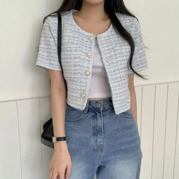 [BUNJANG] Light Blue Tweed Short Sleeve Jacket / 트위드 반팔 하늘색 자켓