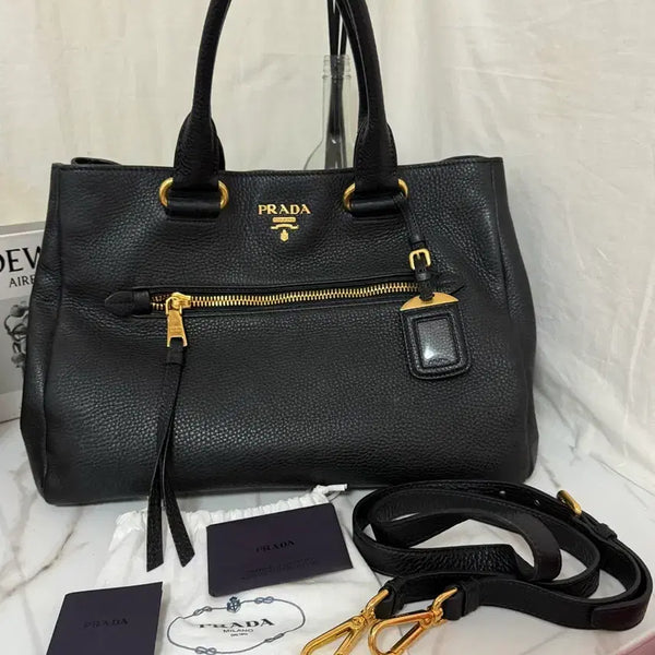 [BUNJANG] Prada Vitello Daino Tote Bag Crossbody Black / 프라다 비텔로 다이노 토트백 크로스백 블랙 정품