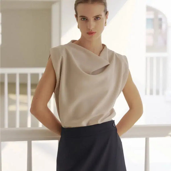 [BUNJANG] Obelle Drape Neck Sleeveless Blouse (Light Beige) / [오브에르] 드레이프 넥 민소매 블라우스 (라이트베이지)