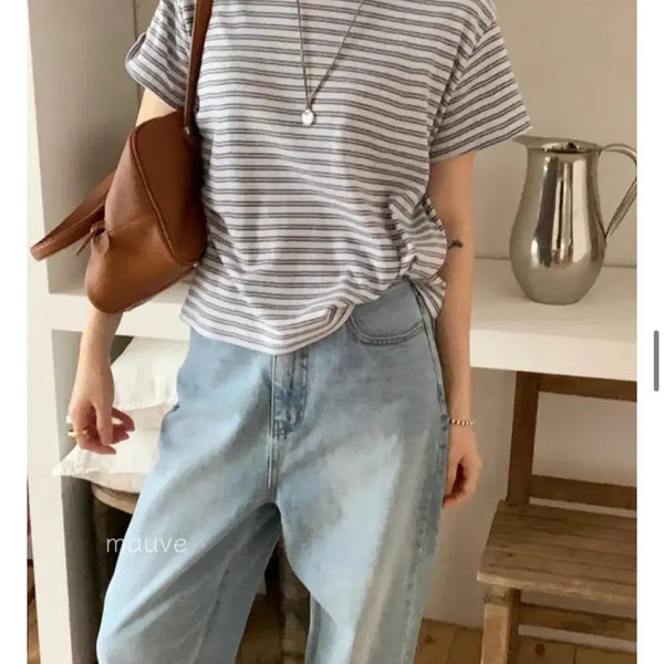 [BUNJANG] Stunning Pony Stripe Short Sleeve T-Shirt Steel Blue / 스터닝 포니 스트라이프 반팔티 스틸블루