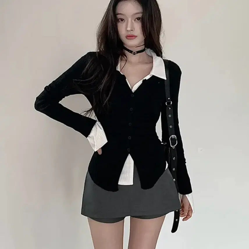 [BUNJANG] Classic Blanc V-Neck Shirring Slit Ribbed Knit Cardigan / 에이블리 클래식블랑 브이넥 셔링 트임 골지 니트 가디건