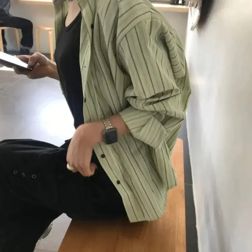 [BUNJANG] Olive Stripe Relaxed Fit Shirt / 올리브 스트라이프 루즈핏 셔츠