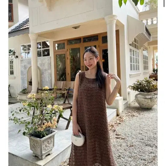 [BUNJANG] Super Rincian Lace Slit Long Dress Brown Size 2 / 슈퍼린짱 레이스슬릿 브라운 2사이즈