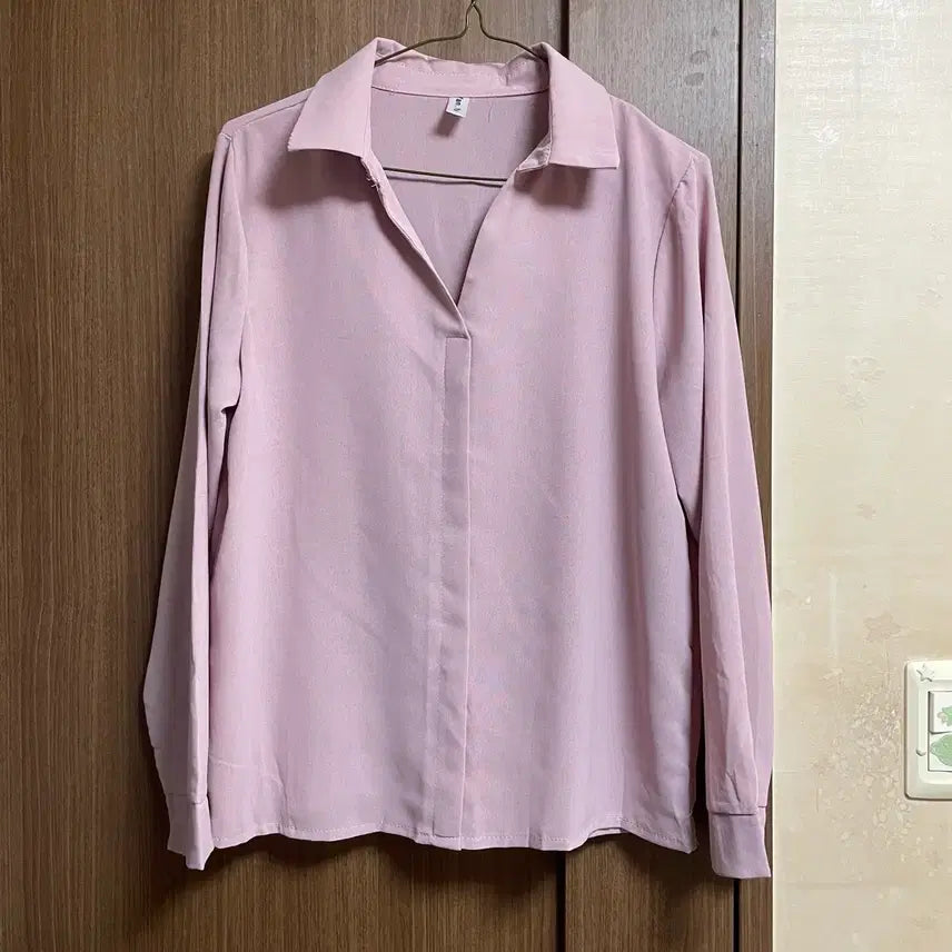 [BUNJANG] Pink V-Neck Long-Sleeve Shirt Blouse / 분홍 브이넥 긴팔 셔츠 블라우스
