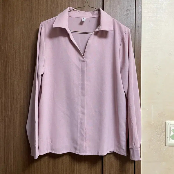 [BUNJANG] Pink V-Neck Long-Sleeve Shirt Blouse / 분홍 브이넥 긴팔 셔츠 블라우스