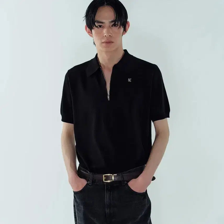[BUNJANG] Noise Quarter-Zip Knit Polo Shirt Black Size S / 노이스 반팔 집업 S사이즈