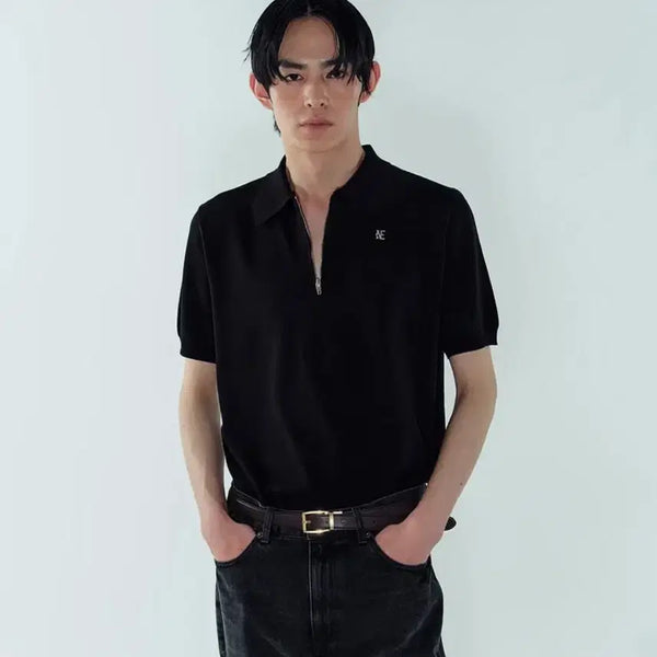 [BUNJANG] Noise Quarter-Zip Knit Polo Shirt Black Size S / 노이스 반팔 집업 S사이즈