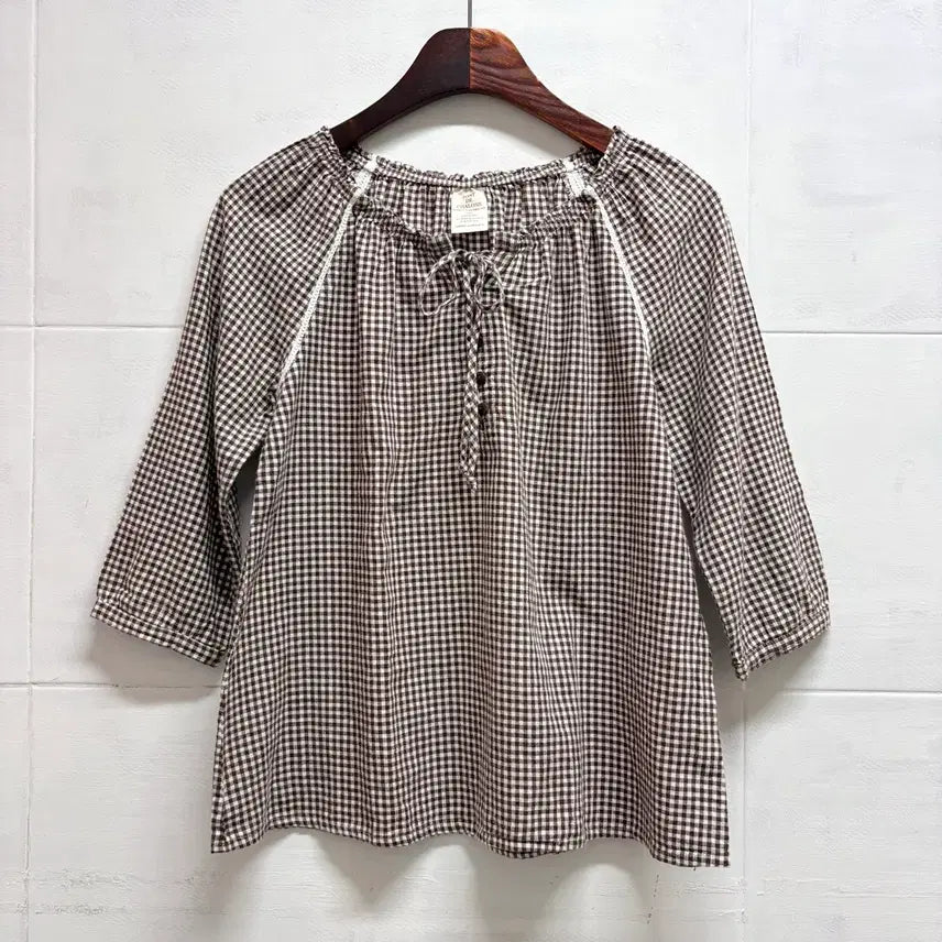 [BUNJANG] Brown Check Mori Girl Style Ribbon Blouse / 브라운 체크 모리걸 리본 블라우스