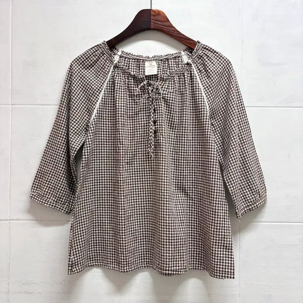 [BUNJANG] Brown Check Mori Girl Style Ribbon Blouse / 브라운 체크 모리걸 리본 블라우스