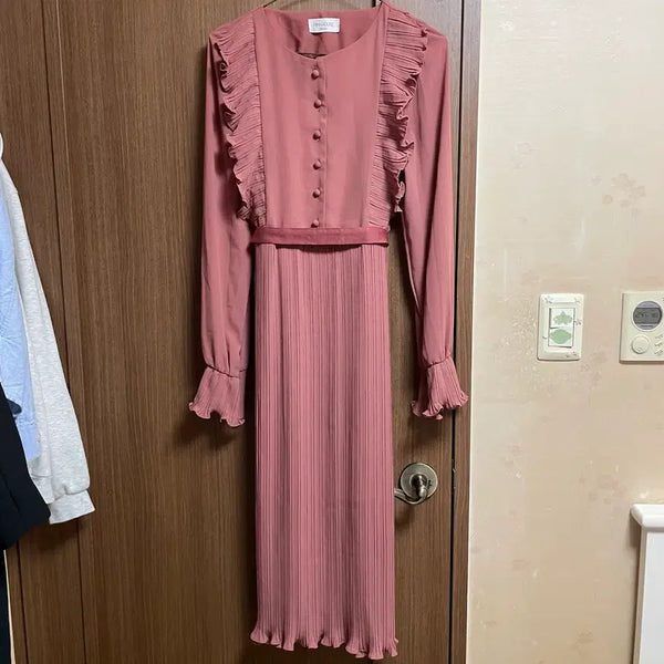 [BUNJANG] Pink Frill Pleats Long Dress / 핑크 프릴 플리츠 롱 원피스
