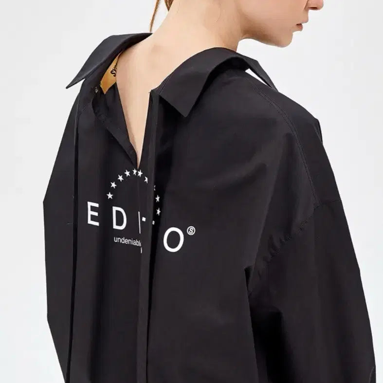 [BUNJANG] System Black Lettering Shirt with Ribbon Blouse / 한섬 시스템 백 레터링 셔츠 블랙 리본 블라우스 오버핏 오피스룩 출근룩