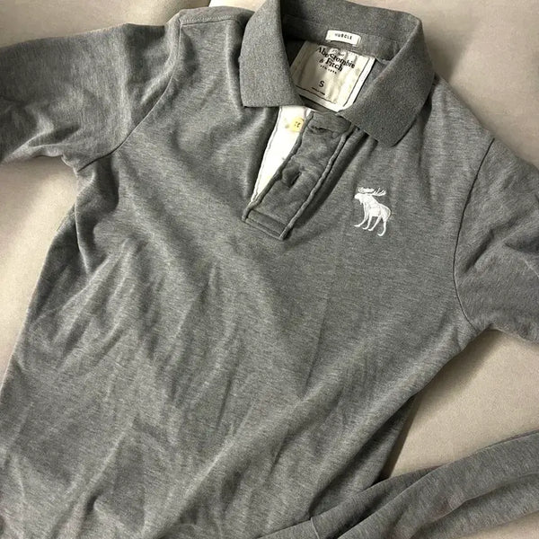 [BUNJANG] Abercrombie & Fitch Long-Sleeve Polo Shirt - Grey, Size S / 아베크롬비 긴팔 폴로티 S 회색
