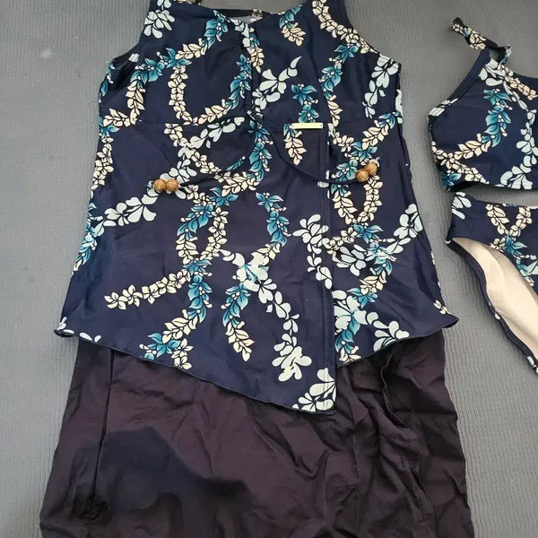 [BUNJANG] Calvin Klein Navy Floral Pattern Swimsuit Set with Swim Cap / 케빈클라인 수영복세트