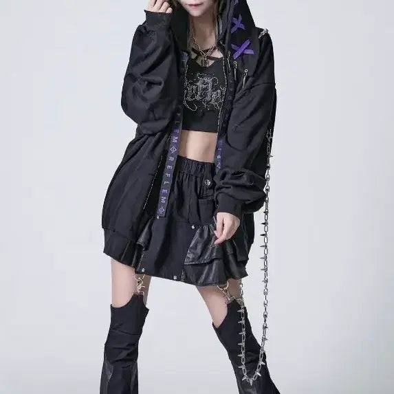 [BUNJANG] Reflem Rabbit Ear Hood Long Chain Hoodie Black x Purple / Reflem 토끼 귀 후드 롱체인 블랙x퍼플 후드집업