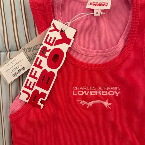 [BUNJANG] Charles Jeffrey Loverboy Logo Embroidered Layered Effect Sleeveless Top / 찰스제프리 러버보이 로고 자수 레이어드 이펙트 슬리브리스