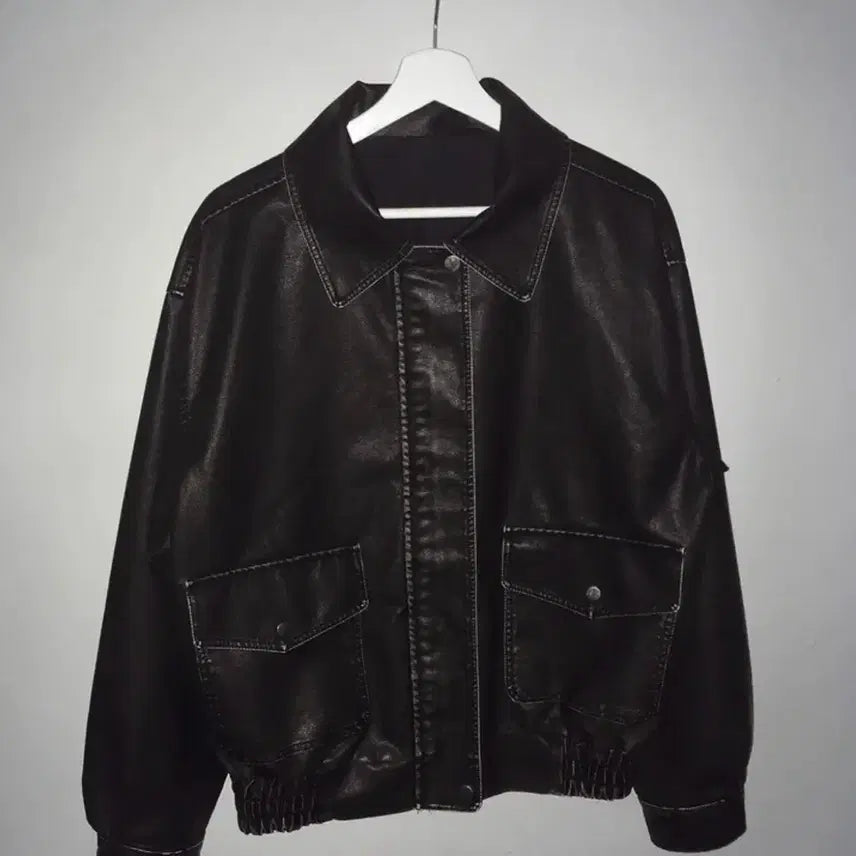 [BUNJANG] Wonder Wonder Bloom Vintage Washed Pocket Boxy Leather Jacket / 원더원더 블룸 빈티지 워싱 포켓 박시 레더자켓